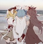 3girls beach black_corset black_hat black_thighhighs blonde_hair blue_hair bow brown_skirt cape commentary_request corset dress drill_hair facing_away feet_out_of_frame film_grain gloves hair_bow hat heart heart_hands heart_hands_duo heart_hands_duo_chain highres holding_hands long_hair magical_girl mahou_shoujo_madoka_magica mahou_shoujo_madoka_magica_(anime) medium_hair miki_sayaka miki_sayaka_(magical_girl) multiple_girls outdoors photo_background red_dress red_hair sakura_kyoko sakura_kyoko_(magical_girl) shirt skirt thighhighs tomoe_mami tomoe_mami_(magical_girl) twin_drills white_cape white_gloves white_shirt winehusk 