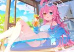  :o absurdres abydos_high_school_logo ahoge apple bikini blue_archive blue_coat blue_eyes blue_sky blush chandelier cherry cloud cloudy_sky coat colored_eyebrows commentary_request cup drinking_straw eyewear_on_head fang fence fingernails food fruit glass halo heterochromia highres holding holding_cup hoshino_(blue_archive) hoshino_(swimsuit)_(blue_archive) ice_bucket innertube leaf long_hair long_sleeves nail_polish navel on_innertube open_clothes open_coat open_mouth orange_(fruit) pavilion pink_hair pink_halo pink_nails plant rainbow refrigerator sky soda spice_mega sunglasses swim_ring swimsuit tiles transparent_innertube white_bikini wind_chime wooden_fence wooden_floor wooden_wall yellow_eyes 