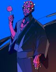  1boy alien alternate_costume black_kimono black_skin candy_apple colored_skin commentary_request darth_maul food highres holding holding_candy_apple holding_food horns japanese_clothes keith_my_angel kimono looking_at_viewer male_focus multicolored_skin red_skin solo star_wars two-tone_skin zabrak 