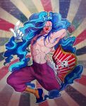  1boy abs absurdly_long_hair armpit_hair armpits bara beard_stubble blue_hair buggy_the_clown burning_nipple clown_nose commentary_request cross_scar devil_fruit_power disembodied_hand evil_smile facial_hair full_body gloves hairy hat highres korean_commentary large_pectorals long_hair looking_at_viewer magic_trick male_focus mature_male muscular muscular_male navel navel_hair nipples one_piece pectorals pirate_costume pirate_hat red_nose sanpaku scar scar_on_face scar_on_forehead smile solo sparse_navel_hair stomach stubble thick_chest_hair topless_male tsurime very_long_hair white_gloves 
