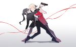  2girls belt black_belt black_collar black_hair black_pants black_pantyhose black_shoes black_suit blonde_hair closed_eyes closed_mouth collar commentary dancing dress eye_contact full_body gun hand_on_another's_back handgun highres holding holding_gun holding_weapon inoue_takina long_hair looking_at_another lycoris_recoil multiple_girls nishikigi_chisato pants pantyhose ponytail purple_eyes red_dress red_shoes screentones shoes short_hair smile smith_&amp;_wesson_m&amp;p standing string string_of_fate suit weapon winehusk yuri 