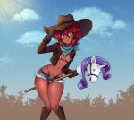  1girl animal_print bandana bandana_around_neck belt bikini blue_bandana blue_shorts blue_sky boots breasts brown_gloves cloud commentary cow_print cow_print_bikini cowgirl_(western) cropped_jacket cutoffs dark-skinned_female dark_skin day dojipan english_commentary gloves groin hair_between_eyes hand_on_headwear hand_up highleg highleg_bikini highres hobby_horse jacket knee_boots knees_together_feet_apart kodi_(dojipan) light_rays long_sleeves looking_at_viewer micro_shorts my_little_pony my_little_pony:_friendship_is_magic navel open_clothes open_jacket orange_eyes original outdoors print_bikini rarity_(my_little_pony) red_hair short_hair shorts sky small_breasts solo star-shaped_buckle string_bikini sunbeam sunlight swimsuit thighs 