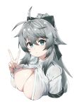  1girl :/ absurdres ahoge black_survival bow breasts closed_mouth collared_shirt commentary_request cropped_torso crossed_bangs dress_shirt eternal_return:_black_survival green_bow green_eyes grey_hair hair_between_eyes hair_bow highres katja_(black_survival) komasi korean_commentary large_breasts long_hair looking_at_viewer partially_unbuttoned ponytail shirt short_sleeves simple_background solo w white_background white_shirt 