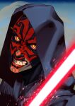  1boy alien black_hood black_skin clenched_teeth colored_skin darth_maul energy_sword highres lightsaber looking_at_viewer multicolored_skin red_lightsaber red_skin ryuon_00 solo star_wars star_wars:_maul_-_shadow_lord sword teeth two-tone_skin upper_body weapon yellow_eyes zabrak 