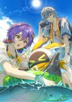  1boy 1girl 1other aketohgo bandana bandana_around_neck bangboo_(zenless_zone_zero) bare_shoulders belle_(summer_skies)_(zenless_zone_zero) belle_(zenless_zone_zero) bikini bikini_top_under_shirt bikini_under_clothes black_nails blue_bodysuit blue_hair blue_sky bodysuit bracelet brother_and_sister cellphone cloud collarbone diving_suit earrings eous_(zenless_zone_zero) green_eyes grey_hair hair_between_eyes hair_ornament hand_on_own_knee highres holding holding_phone holding_swim_ring jewelry letter_hair_ornament looking_at_another necklace off-shoulder_shirt off_shoulder official_alternate_costume open_mouth orange_bandana orange_bikini outdoors pectorals phone see-through_clothes see-through_shirt shirt short_hair shorts siblings sky smartphone sparkle sphere_hair_ornament splashing stomach sun swim_ring swimsuit teeth tied_shirt towel towel_around_neck twitter_username water wet white_shirt white_shorts wise_(peaceful_waves)_(zenless_zone_zero) wise_(zenless_zone_zero) zenless_zone_zero 