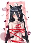  1girl @_@ absurdres ahoge animal_ears artist_name black_hair blunt_ends blush bound breasts commentary completely_nude ear_ornament ear_tag earrings embarrassed expressive_hair heart heart_ahoge highres hohizora horse_ears horse_girl jewelry long_hair manhattan_cafe_(umamusume) medium_breasts naked_ribbon navel nude parted_lips ribbon ribbon_bondage single_earring solo umamusume variant_set very_long_hair white_hair yellow_eyes 