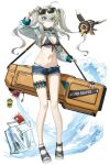  1girl absurdres adjusting_eyewear ahoge alternate_costume alternate_hairstyle aqua_eyes bikini bikini_bottom_under_shorts bikini_under_clothes black_skirt black_survival blood blood_bag breasts bullet commentary_request cropped_jacket denim denim_shorts eternal_return:_black_survival eyewear_on_head grey_hair highres holding_case jacket katja_(black_survival) kokukyukeo korean_commentary lava long_sleeves navel open_clothes open_fly open_jacket robot sandals short_shorts shorts skirt solo stomach sunglasses swimsuit thigh_strap twintails underboob water 