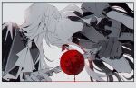  2girls apple ascot bang_dream! bang_dream!_it's_mygo!!!!! black_ascot black_gloves blood border capelet chromatic_aberration commentary_request corset earrings facing_another food fruit gloves highres holding holding_knife jewelry knife long_hair mortis_(bang_dream!) multiple_girls oblivionis_(bang_dream!) parted_lips screentones sideways spot_color togawa_sakiko upper_body wakaba_mutsumi white_ascot white_background white_border winehusk 