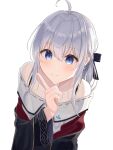  1girl absurdres ahoge akuan8956 bare_shoulders black_robe blue_eyes closed_mouth collarbone commentary_request elaina_(majo_no_tabitabi) grey_hair hair_between_eyes highres light_blush long_hair looking_at_viewer majo_no_tabitabi robe shirt simple_background smile solo white_background white_shirt wide_sleeves witch 