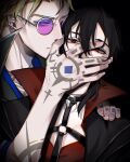  1boy 1girl black_hair blonde_hair blue_eyes choker collar demoncursed_vayne desagreablelol ear_piercing earrings glasses hand_on_another's_face hand_on_another's_shoulder highres jewelry league_of_legends locke_(league) piercing purple-tinted_eyewear red_eyes round_eyewear shirt signature simple_background tattoo tinted_eyewear vayne_(league) wolf_cut 
