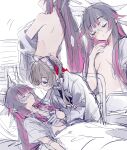  ... 2girls absurdres alternate_costume bare_back black_hair blue_eyes blush breasts closed_eyes closed_mouth coat collared_coat columbina_(genshin_impact) commentary eye_mask fud genshin_impact glasses gloves hair_ornament hair_ribbon half_gloves hand_on_another's_arm highres lab_coat looking_at_another lying mask multicolored_hair multiple_girls multiple_views multiple_wings no_bra on_back open_clothes open_shirt physical_examination purple_hair purple_streaks red_ribbon ribbon sandrone_(genshin_impact) see-through_clothes see-through_mask shirt sketch small_breasts smile spoken_ellipsis streaked_hair two-tone_hair undressing untranslatable_commentary white_coat white_gloves white_headdress white_mask white_shirt white_wings wing_hair_ornament wings 