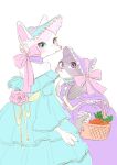  2girls alternate_costume animal_ears animal_nose arm_at_side bare_shoulders basket blue_bonnet blue_choker blue_dress blue_eyes blush body_fur bonnet bow breasts brooch choker closed_mouth commentary_request dress ears_down elbow_carry expressionless flat_color flower fox_ears fox_girl frilled_bonnet frilled_choker frilled_sleeves frills from_behind furry furry_female grey_fur jewelry judy_hopps long_sleeves looking_afar looking_at_viewer looking_back meme_(penpengusa_no_meme) multiple_girls off-shoulder_dress off_shoulder partial_commentary pink_bow pink_flower pink_rose purple_bonnet purple_dress purple_eyes rabbit_ears rabbit_girl rose simple_background skye_(zootopia) small_breasts snout standing two-tone_fur white_background white_fur zootopia 