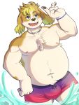 1boy animal_ears bara belly biceps bulge commentary_request dog_boy dog_ears fangs fu_zita furry furry_male hisaki_(live_a_hero) live_a_hero male_focus multicolored_male_swimwear navel nipples open_mouth pawpads pectorals plump smile topless_male 