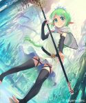  1girl bare_shoulders black_thighhighs blue_eyes blue_flower blue_rose braid braided_ponytail bridal_gauntlets commentary_request crystal dress elf flower green_hair holding holding_staff lily_(granblue_fantasy) long_hair looking_at_viewer official_art outdoors pointy_ears ponytail ponzu_(catponz) rose shingeki_no_bahamut short_dress smile snowflakes solo staff standing thighhighs tiara toeless_legwear white_dress 