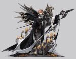  1girl black_dress blackcat_enjia candle commentary dress flag green_eyes grey_background high_heels highres orange_hair original polearm sitting solo statue thighhighs weapon wings 