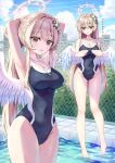  1girl absurdres angel_wings armpits barefoot blonde_hair blue_archive breasts chain-link_fence cleavage competition_swimsuit covered_navel day fence flower full_body hair_flower hair_ornament halo highres large_breasts long_hair looking_at_viewer multiple_views nagisa_(blue_archive) natie one-piece_swimsuit outdoors pool sky swimsuit trinity_general_school_logo trinity_general_school_swimsuit very_long_hair wet wings yellow_eyes 
