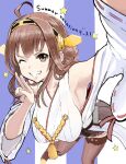  1girl ahoge arm_up bad_drawr_id bad_id black_hakama black_thighhighs breasts brown_eyes brown_hair detached_sleeves foot_out_of_frame grin hakama hakama_short_skirt hakama_skirt headgear japanese_clothes kantai_collection kimono kongou_(kancolle) large_breasts leaning_forward looking_at_viewer nontraditional_miko oekaki outstretched_arm ribbon-trimmed_sleeves ribbon_trim selfie skirt sleeveless sleeveless_kimono smile solo standing star_(symbol) striped_background sukeroku_(treeee) thighhighs v vertical-striped_background white_kimono white_sleeves 