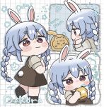  1girl animal animal_ear_fluff animal_ears black_socks blue_hair blush_stickers braid brown_dress cat character_name chibi closed_mouth commentary cup dress grey_shirt grid_background highres holding holding_cup hololive long_sleeves mochimiko mug multicolored_hair multiple_views no_shoes puffy_short_sleeves puffy_sleeves rabbit-shaped_pupils rabbit_ears rabbit_girl rabbit_tail red_eyes romaji_text shirt short_sleeves sleeveless sleeveless_dress socks symbol-shaped_pupils tail translation_request twin_braids twintails two-tone_hair untranslatable_commentary usada_pekora virtual_youtuber white_background white_hair 