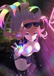  1girl absurdres ahoge arielle_(vtuber) black_thighhighs blonde_hair blue_eyes breasts brick_wall cleavage commentary dango_imooimo english_commentary eyewear_on_head hair_between_eyes highres indie_virtual_youtuber jacket large_breasts long_hair looking_at_viewer multicolored_hair purple_jacket purple_shorts rainbow_hair shorts smile solo strapless sunglasses thighhighs thighs torn_clothes torn_thighhighs tube_top virtual_youtuber white_tube_top 