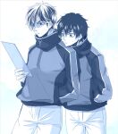  2boys clipboard closed_mouth commentary_request daiya_no_ace goggles hand_in_pocket holding holding_clipboard jacket male_focus miyuki_kazuya multiple_boys pants sawamura_eijun short_hair sideburns simple_background suma_(jen-ga) track_jacket white_background 