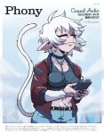  1980s_(style) 1990s_(style) 1997 1girl absurdres animal_ears artist_collaboration black_choker border breasts cassette_player cassette_tape choker closed_eyes cursive denim earbuds earphones english_text fake_ad fake_magazine_scan faux_retro_artstyle faux_traditional_media furigana headphones highres holding_cassette holding_cassette_player jacket jeans listening_to_music medium_breasts mixed-language_text monkers monkey_ears monkey_girl monkey_tail original pants pointy_ears red_jacket retro_artstyle short_hair solo stomach_hair tail white_border white_hair 