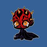  1boy absurdres alien black_robe black_skin blue_background chibi colored_skin commentary_request darth_maul highres multicolored_skin orange_eyes outline red_skin robe ryuon_00 simple_background sitting solo star_wars two-tone_skin white_outline zabrak 