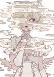  1girl arm_warmers blonde_hair breasts center_opening commentary_request curvy egasumi frilled_sleeves frills highres hinatako06060 long_hair mole mole_on_breast one_eye_covered original short_hair short_sleeves simple_background smoking_pipe solo tassel upper_body 
