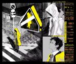  1boy adachi_tooru chain-link_fence closed_mouth coat collared_shirt commentary_request crosswalk english_text expressionless fence greyscale hamusitas hands_in_pockets highres hood hooded_coat long_sleeves male_focus monochrome multiple_views necktie pants persona persona_4 road_sign shirt shoes short_hair sign spot_color yellow_coat yellow_eyes 