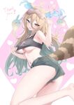  1girl barefoot blonde_hair blue_eyes breasts colored_inner_hair commentary_request commission fiery_ears green_hair hair_between_eyes heart heterochromia highres kesshy long_hair mask mask_on_head mole mole_under_mouth multicolored_hair navel pekoe_boo short_shorts shorts skeb_commission sleep_mask stellarversepro tail thank_you underboob v virtual_youtuber yellow_eyes 