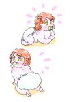  1girl aged_down baby barefoot commentary_request diaper highres looking_at_viewer love_live! love_live!_nijigasaki_high_school_idol_club lying multiple_views on_stomach pacifier plus+ red_hair simple_background uehara_ayumu yellow_eyes 