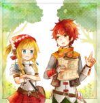  1boy 1girl armor belt belt_pouch blue_eyes braid brown_belt buckler commentary_request crossed_arms facial_hair gloves goatee goggles grass hand_up long_hair looking_at_another low_twin_braids lowres mado-md open_mouth outdoors partially_fingerless_gloves pouch red_hair red_skirt sekaiju_no_meikyuu sekaiju_no_meikyuu_4 shield skirt smile sniper_(sekaiju) sniper_3_(sekaiju) swordsman_(sekaiju_4) swordsman_4_(sekaiju_4) tree twin_braids white_background yellow_eyes 