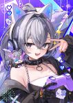 1girl alternate_costume animal_ear_headphones animal_ears black_collar black_jacket chibi collar collarbone commentary_request crossed_bangs fake_animal_ears grey_eyes grey_hair headphones highres honkai:_star_rail honkai_(series) jacket open_mouth pioko ponytail purple_background silver_wolf_(honkai:_star_rail) single_off_shoulder solo upper_body v 
