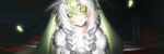  1girl 1other antennae arthropod_girl black_sclera blood blood_in_hair blood_on_face braid colored_sclera colored_skin commentary english_commentary euntae green_eyes green_hair green_wings hair_between_eyes highres indie_virtual_youtuber insect_wings juniper_actias juniper_actias_(space_invader) long_hair looking_at_viewer monster_girl moth_antennae moth_girl moth_wings multicolored_hair neck_fur pointy_ears twin_braids virtual_youtuber white_fur white_hair white_skin wings 
