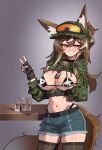  absurdres animal_ear_fluff animal_ears animal_print black_choker blush bottle breasts brown_eyes brown_hair cadpat callisto_(greyeth) choker cow_print denim denim_shorts dog_tags fingerless_gloves fox_ears fox_girl fox_tail gloves grabbing_own_breast highres large_breasts looking_at_viewer milk_bottle multicolored_hair original shorts sketchy_guy01 smile streaked_hair tail thighhighs thighs v 