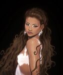 1girl black_background braid brown_hair closed_mouth commentary gittanart highres long_hair makeup mascara pink_lips profile real_life simple_background solo white_eyeshadow zendaya 