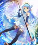  1girl bare_shoulders black_thighhighs blue_eyes blue_flower blue_hair blue_rose bridal_gauntlets commentary_request crystal crystal_hair_ornament dress elf flower holding holding_staff lily_(granblue_fantasy) long_hair looking_at_viewer official_art outdoors pointy_ears ponzu_(catponz) rose shingeki_no_bahamut smile snowflakes solo staff standing thighhighs tiara toeless_legwear very_long_hair white_dress 