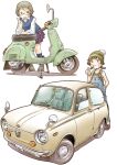  2girls arm_rest beanie black_eyes black_hair blue_overalls blue_socks blue_vest braid brown_hair car collared_shirt elbow_rest gingham_clothes gingham_skirt glasses green_hat green_shoes green_tank_top grin hair_ornament hairclip hand_on_own_hip hand_up hat kickstand leaning_forward looking_at_viewer motor_vehicle multiple_girls open_mouth original overalls pleated_skirt pom_pom_(clothes) pom_pom_beanie purple_skirt salute scooter sekihan shirt shoes short_hair simple_background skirt smile socks standing subaru_(brand) subaru_r-2 tank_top thumbs_up twin_braids two-finger_salute vespa vest white_background white_car white_shirt wristband 