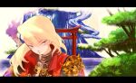  1boy armor blonde_hair closed_mouth commentary_request hair_between_eyes hair_over_shoulder head_down japanese_armor jinbaori kujura_(sekaiju) letterboxed long_hair looking_at_viewer male_focus mero_(meromasa) outdoors sekaiju_no_meikyuu sekaiju_no_meikyuu_3 solo sword sword_on_back torii tree weapon weapon_on_back 