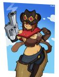  1girl absurdres animal_nose arm_cannon artist_name belt black_hat blue_pants blush body_fur border breasts brown_belt brown_fur brown_gloves brown_hair capelet cat_tail claws cleavage commentary cowboy_hat cowboy_shot cowboy_western crop_top denim furry furry_female gameoverse gloves gun hat highres hip_bones jeans kit_bodega large_breasts looking_at_viewer midriff muds navel nose_blush official_alternate_costume outdoors outside_border pants red_capelet red_eyes red_scarf revolver scarf short_hair simple_background sky smoke smoke_trail snout solo standing sweat tail weapon whiskers white_border 