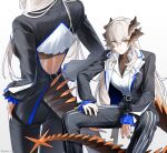  1girl absurdres ambience_synesthesia arknights back_cutout belt black_belt black_nails black_pants clothing_cutout cowboy_shot dragon_girl dragon_horns dragon_tail english_commentary hair_between_eyes highres horns long_hair multiple_views ng_(lychnis_flos) open_clothes orange_eyes pants saria_(arknights) saria_(unstained_unshaken)_(arknights) tail white_hair 