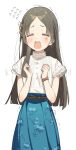  1girl aqua_skirt bare_arms blunt_ends blush bongnom brown_hair closed_eyes commentary_request flying_sweatdrops gakuen_idolmaster highres idolmaster kuramoto_china layered_sleeves long_hair parted_bangs shirt shirt_tucked_in simple_background skirt solo straight_hair tears teeth trembling upper_teeth_only very_long_hair watch white_background white_shirt wristwatch 