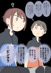  1boy 1girl :< ? black_background black_pantyhose blue_jacket blush bottle brown_hair closed_mouth colored_speech_bubble grey_shorts holding holding_bottle jacket juukyuu o_o orange_jacket original pantyhose pantyhose_under_shorts ponytail shorts simple_background sitting small_sweatdrop speech_bubble sweat translation_request v-shaped_eyebrows water_bottle 