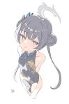  1girl absurdres arms_behind_back black_dress black_hair blue_archive blush braid braided_base breasts bun_with_braided_base butterfly_hair_ornament chinese_clothes commentary_request double_bun dragon_print dress grey_eyes grey_halo hair_bun hair_ornament halo highres kisaki_(blue_archive) light_blush light_smile long_hair looking_at_viewer qipao simple_background sleeveless sleeveless_dress small_breasts solo twintails ushaku white_background 