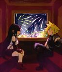  1boy 1girl aerial_fireworks armor baggy_pants bare_legs bare_shoulders belt black_hair black_skirt black_sleeves blonde_hair blue_eyes blush boots breasts cloud_strife commentary_request crop_top detached_sleeves ferris_wheel_interior final_fantasy final_fantasy_vii fingerless_gloves fireworks from_side full_body gloves gondola indoors large_breasts long_hair looking_at_another low-tied_long_hair miniskirt night open_mouth pants pencil_skirt profile red_boots red_gloves shoulder_armor sitting skirt sleeveless sleeveless_turtleneck spiked_hair sunagimo_(nagimo) suspender_skirt suspenders sweater tank_top tifa_lockhart turtleneck turtleneck_sweater white_tank_top window 