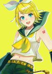  1girl absurdres belt black_sailor_collar black_shorts black_sleeves blonde_hair blue_eyes bow breasts commentary_request detached_sleeves hair_bow hair_ornament hairclip headphones highres kagamine_rin looking_at_viewer midnight_0232 midriff navel neckerchief number_tattoo open_mouth parallel_hairclips sailor_collar shirt shorts simple_background sleeveless sleeveless_shirt small_breasts solo tattoo teeth treble_clef upper_teeth_only vocaloid white_bow white_shirt yellow_background yellow_belt yellow_neckerchief yellow_trim 