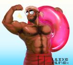  1boy abs absurdres bara beard biceps blonde_hair commentary commission connected_beard cowboy_shot earrings english_commentary facial_hair flexing highres holding holding_swim_ring jewelry large_pectorals leixo_demo male_focus male_swimwear mature_male muscular muscular_male mustache_stubble navel navel_hair nipples original pectorals red_male_swimwear short_hair solo sparkle sparse_back_hair stomach stubble stud_earrings sunglasses swim_ring thick_arm_hair thick_chest_hair thick_navel_hair topless_male very_hairy 