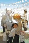 3boys 3girls ahoge black_hair blue_eyes blue_sky brown_sweater camera carol_(yakusoku_no_neverland) clear_sky clothesline commentary_request copyright_notice dark-skinned_male dark_skin demizu_posuka emma_(yakusoku_no_neverland) highres holding holding_camera hug huge_ahoge laundry laundry_basket long_sleeves looking_at_another multiple_boys multiple_girls norman_(yakusoku_no_neverland) official_art orange_hair outdoors phil_(yakusoku_no_neverland) ray_(yakusoku_no_neverland) shirt sky standing sweater tank_top white_hair white_shirt white_tank_top yakusoku_no_neverland yvette_(yakusoku_no_neverland) 