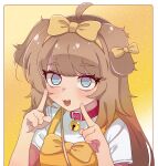  1girl ahoge animal_collar animal_ears bags_under_eyes bell blue_eyes bow bow_hairband brown_hair butter_(trickcal) collar commentary dog_ears dog_girl dress empty_eyes fang fewer_digits hair_bow hairband highres long_hair neck_bell open_mouth pointing pointing_at_self prprbtt red_collar shirt short_sleeves smile solo trickcal upper_body very_long_hair white_shirt yellow_background yellow_bow yellow_dress 
