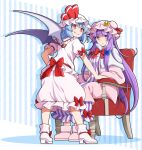  2girls back_bow bat_wings blue_bow blue_hair boots bow bowtie breasts chair cleavage closed_mouth commentary_request crescent crescent_hat_ornament dress dress_bow eichi_yuu fang fang_out footwear_bow hair_bow hat hat_ornament hat_ribbon high_heel_boots high_heels long_hair looking_at_viewer mob_cap multiple_girls on_chair patchouli_knowledge pink_boots pink_dress pink_hat pink_shirt pink_skirt purple_eyes purple_hair red_bow red_bowtie red_eyes remilia_scarlet ribbon shirt sitting skirt skirt_bow skirt_set sleeve_bow smile striped_clothes striped_dress touhou vertical-striped_clothes vertical-striped_dress very_long_hair wings 