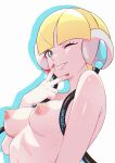 1girl absurdres artist_name bilingual_commentary blonde_hair blue_eyes blunt_bangs breasts commentary_request dress elesa_(pokemon) english_commentary hanta_(hantachi) headphones highres looking_at_viewer medium_breasts mixed-language_commentary nipples nude one_eye_closed pokemon pokemon_black_and_white red_nails short_hair smile solo upper_body v wire yellow_dress 